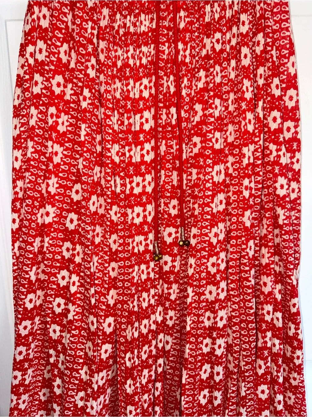 FREE PEOPLE Red White Beaded Embroidered Mirror Strappy Good Vibes Midi Maxi L